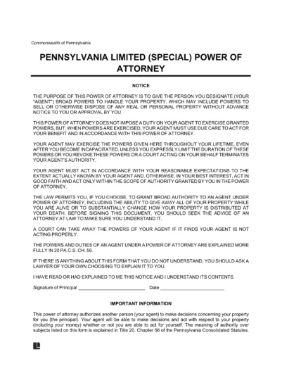 Pennsylvania Limited Power of Attorney Template