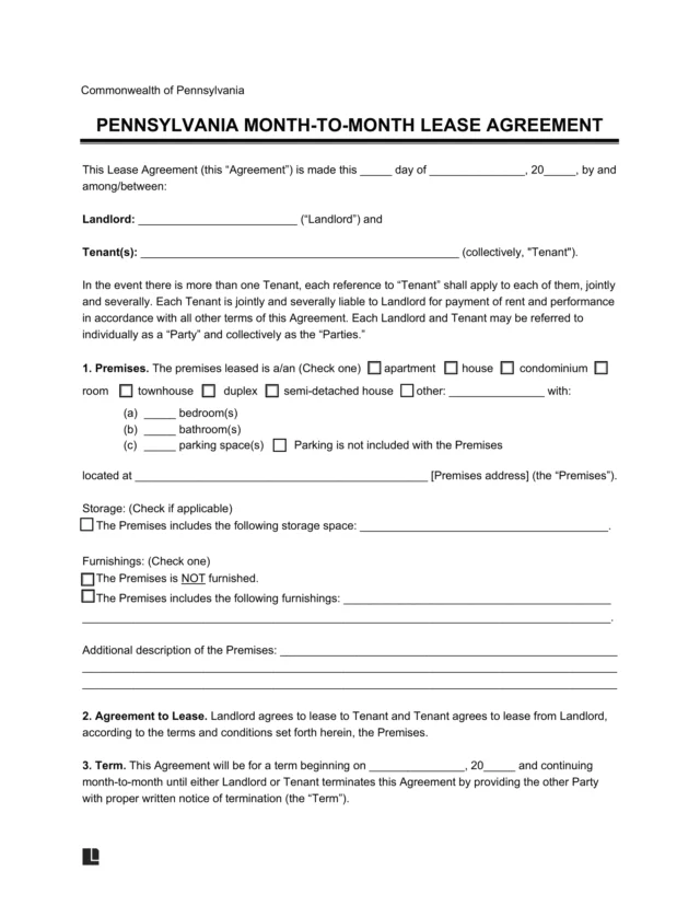 Pennsylvania Month-to-Month Rental Agreement