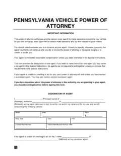 Pennsylvania Motor Vehicle Power of Attorney Form