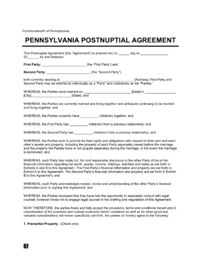 Pennsylvania Postnuptial Agreement Template