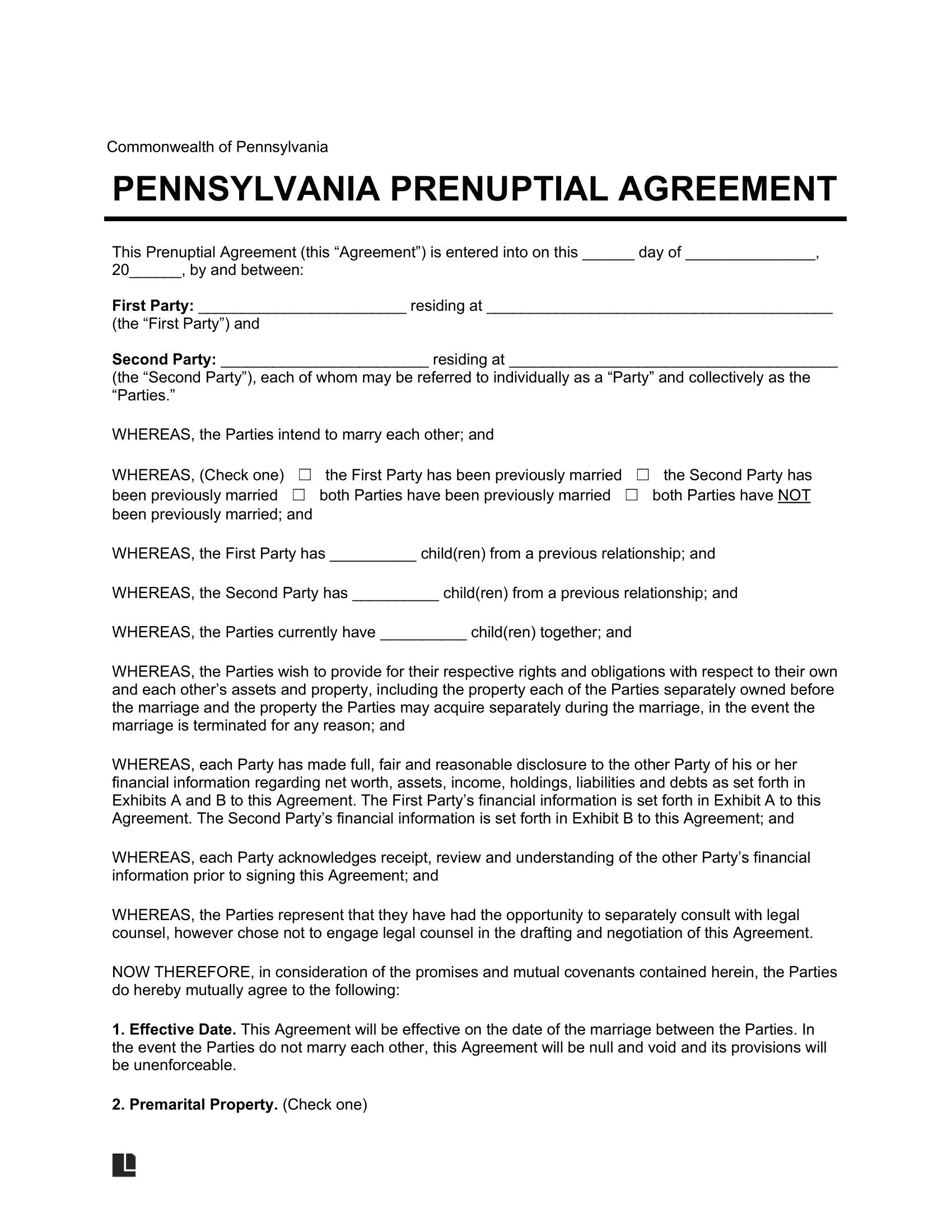 Pennsylvania Prenuptial Agreement Template