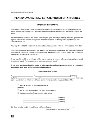 Pennsylvania Real Estate Power of Attorney Form