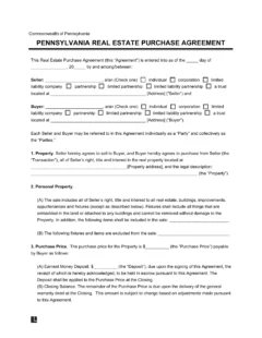 Pennsylvania Residential Purchase Agreement Template