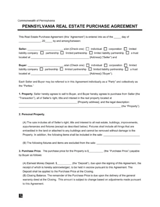 Pennsylvania Residential Purchase Agreement Template