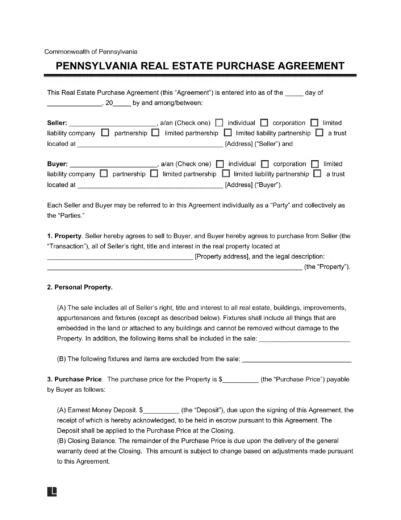 Pennsylvania Residential Purchase Agreement Template