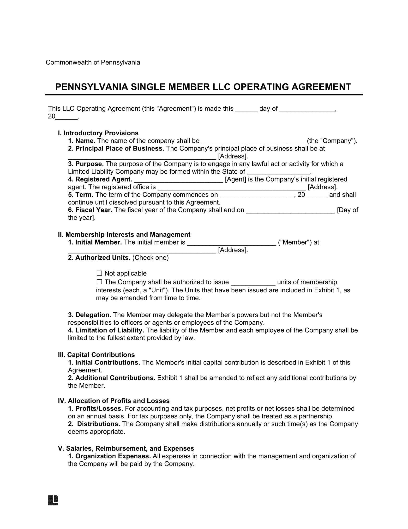 Pennsylvania Single Member LLC Operating Agreement Form