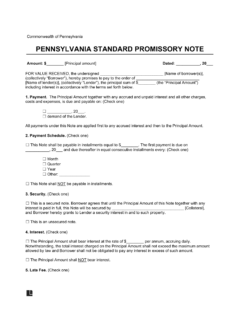 Pennsylvania Standard Promissory Note Template