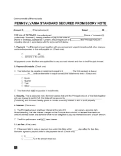 Pennsylvania Standard Secured Promissory Note Template