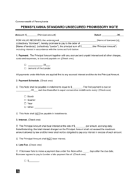 Pennsylvania Standard Unsecured Promissory Note Template