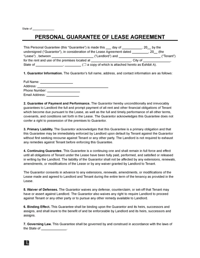 Personal Guarantee for Lease Agreement Template
