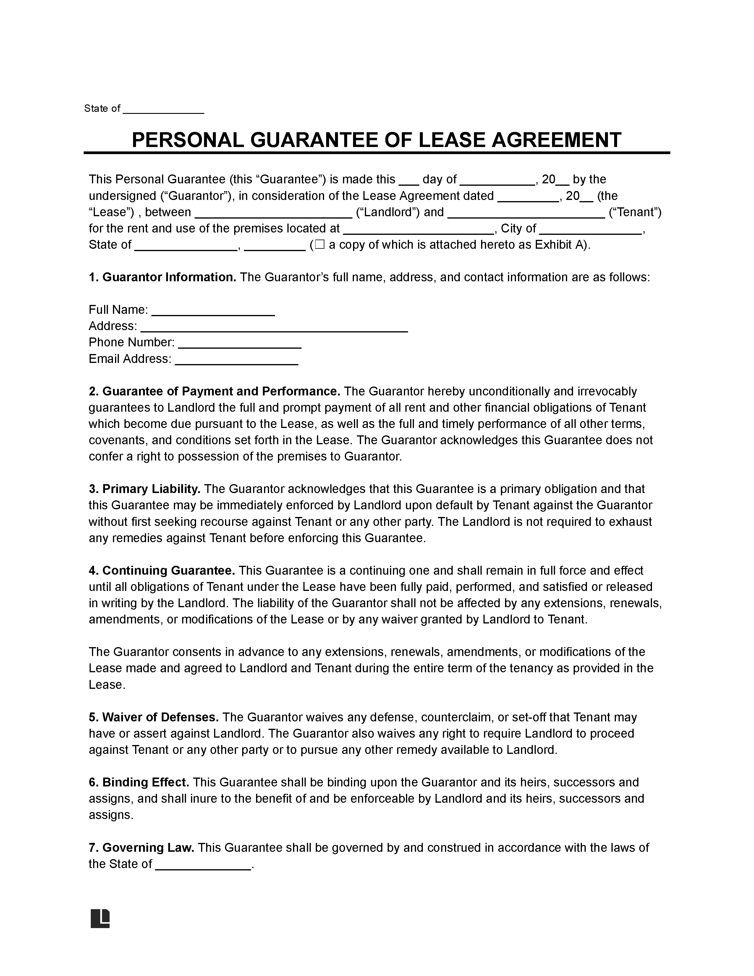 Personal Guarantee for a Lease Agreement (Co-Signer) Template