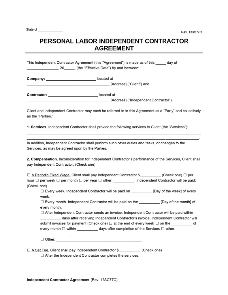 Free Personal Labor Independent Contractor Agreement Template PDF & Word