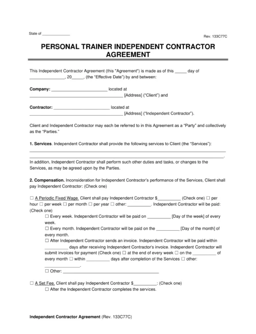 Personal Trainer Independent Contractor Agreement Template