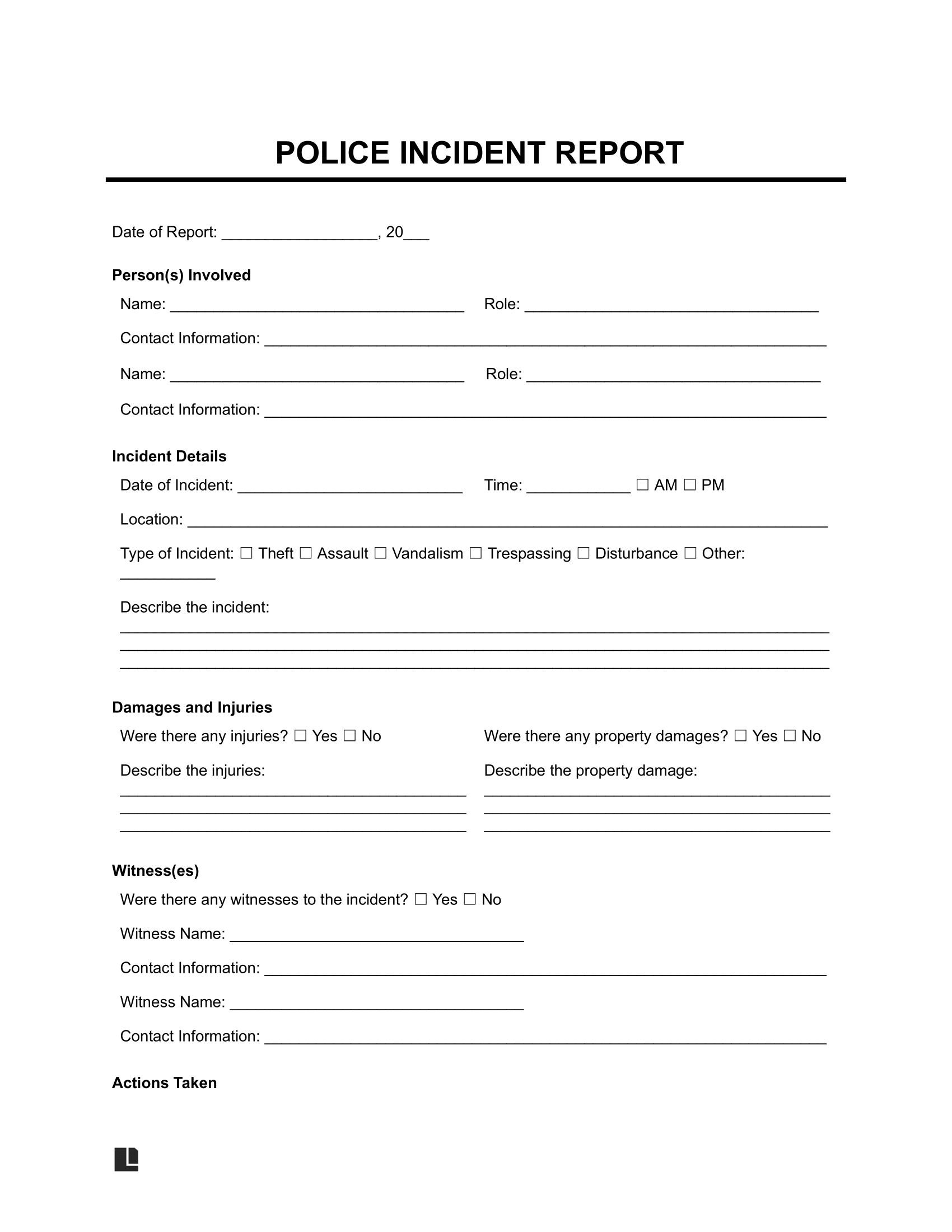 Police Incident Report form