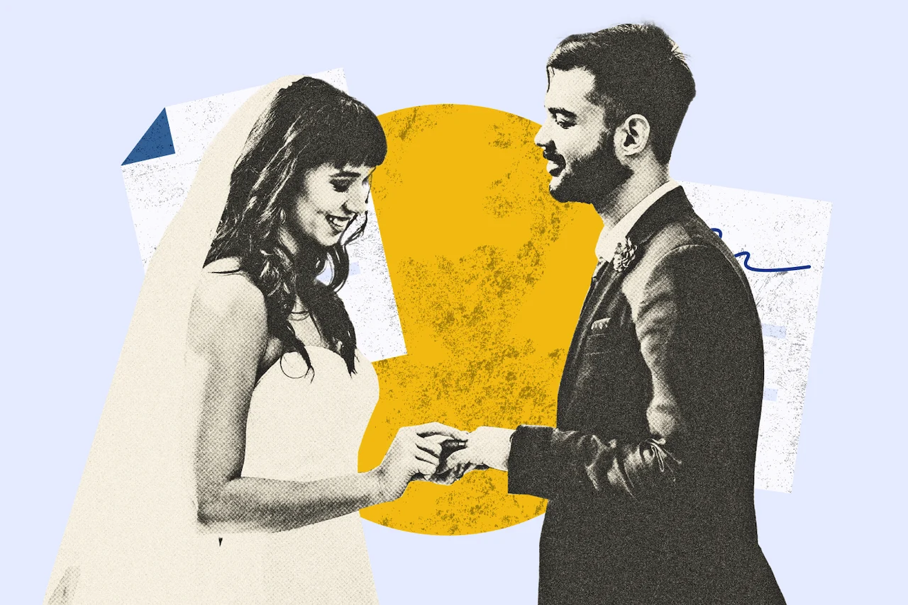A bride and groom exchange rings during their wedding ceremony, with stylized graphic elements in the background, including yellow and white shapes resembling legal documents.