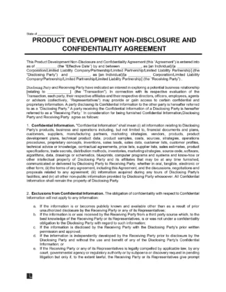 Product Development Non Disclosure and Confidentiality Agreement