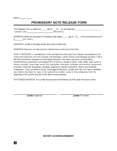 Promissory Note Release Form Template