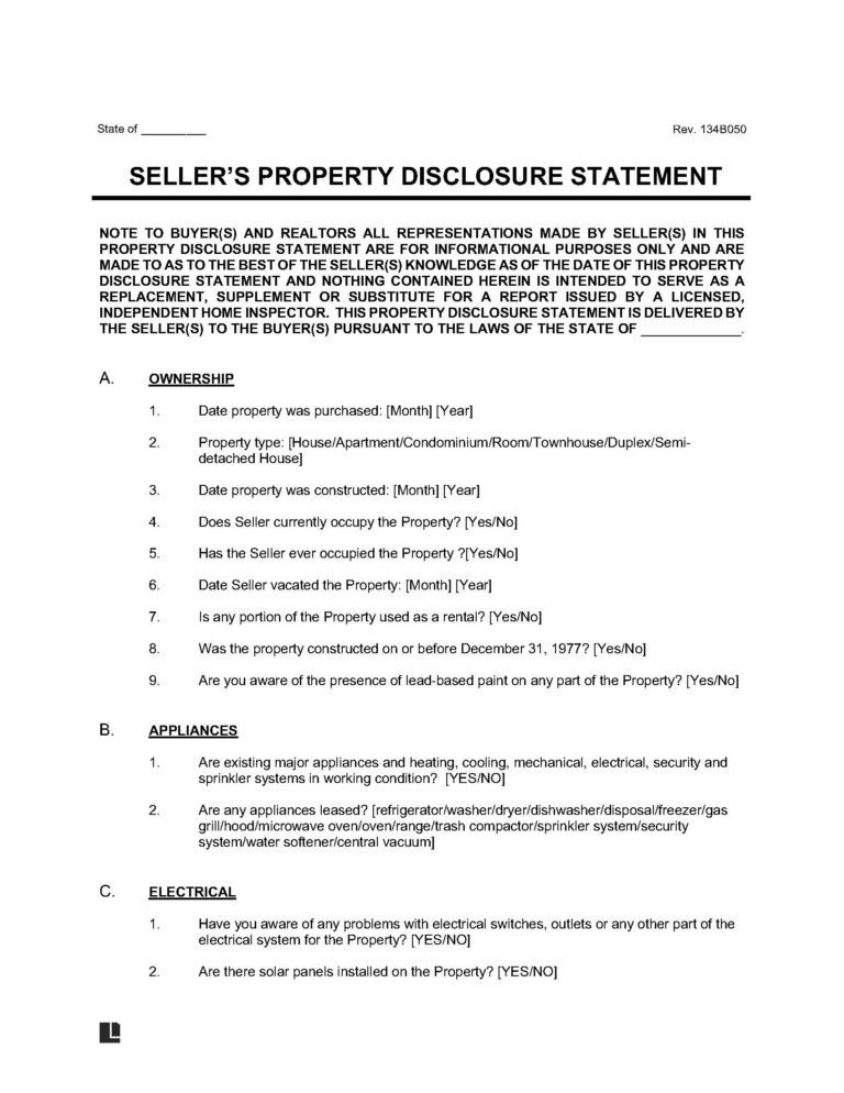 Free Property Disclosure Statement Form | Legal Templates