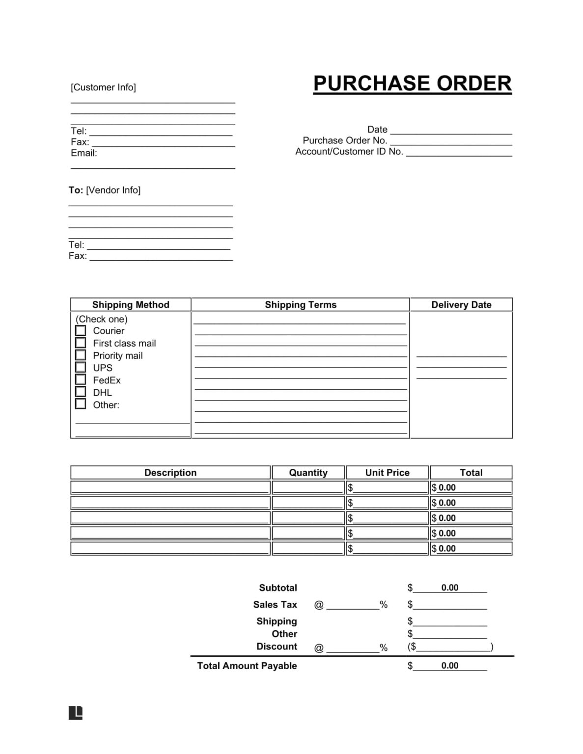 Free Purchase Order (PO) Template Printable PDF Word
