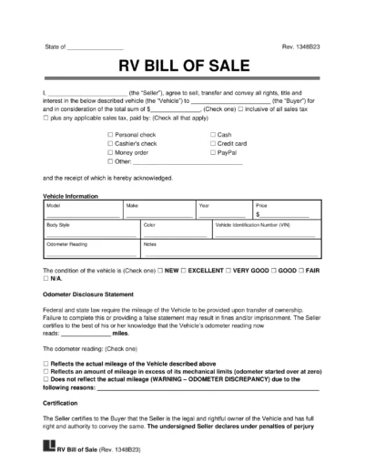 Sample of an RV Bill of Sale used to sell a recreational vehicle or motorhome