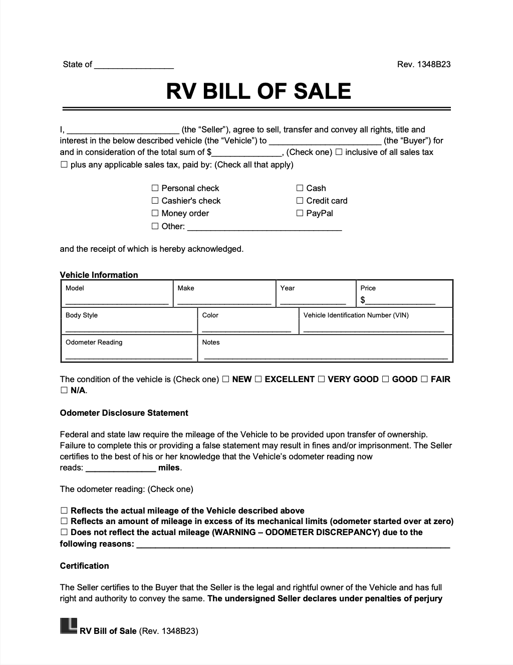 rv bill of sale form