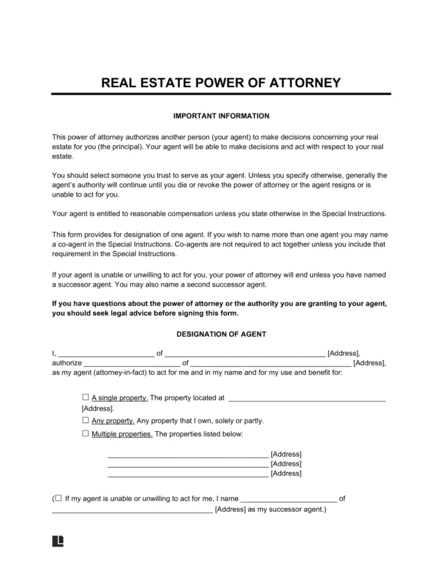 Real Estate Power of Attorney Template
