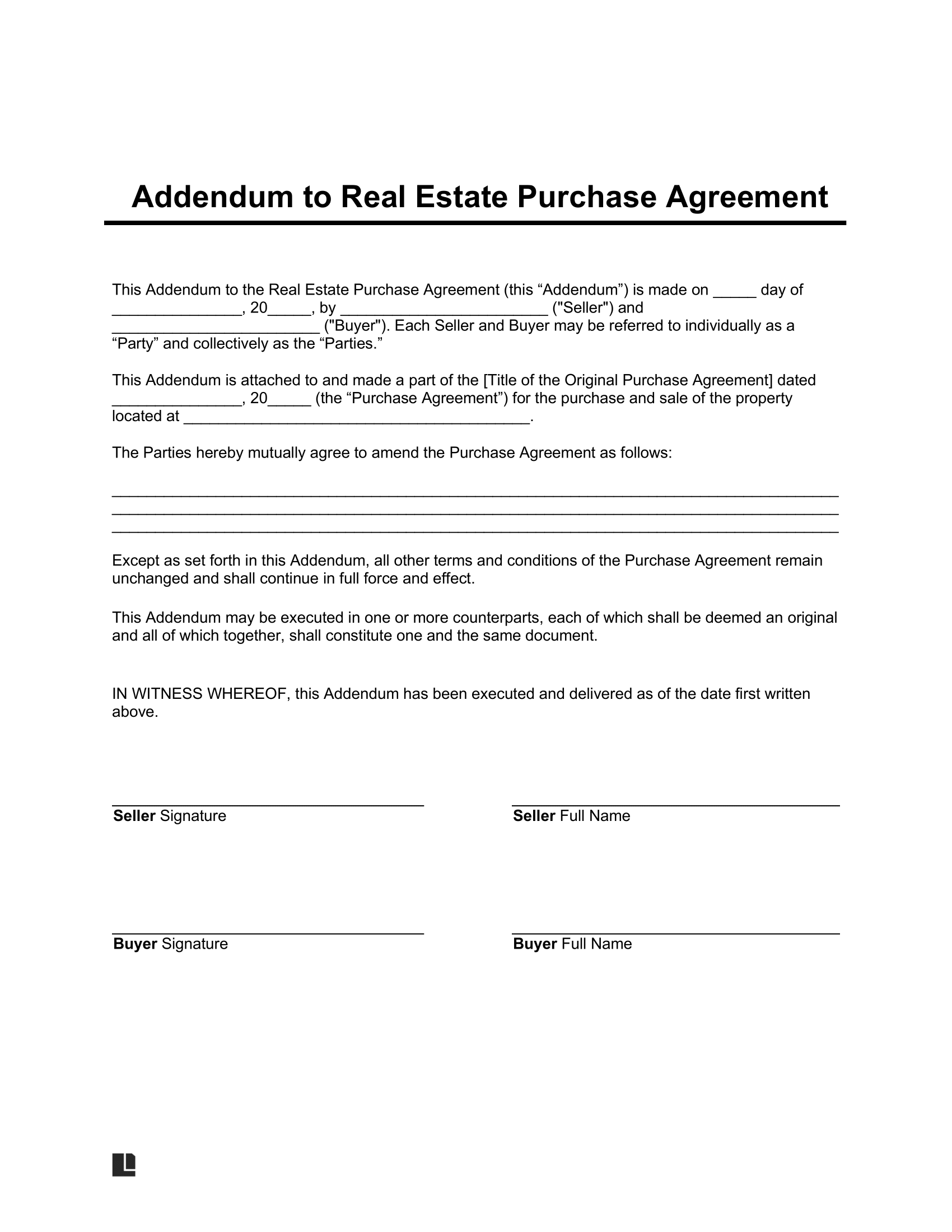 Real Estate Purchase Agreement Addendum Template