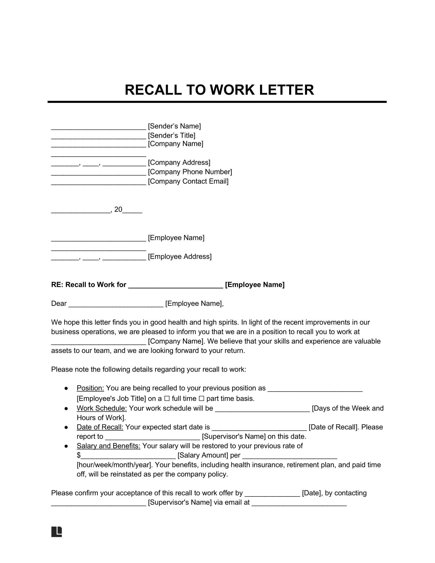 Recall to Work Letter Template