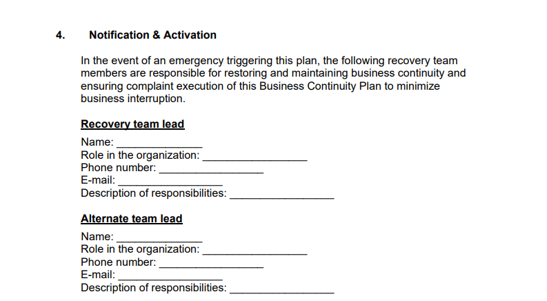 Recovery team business continuity plan template