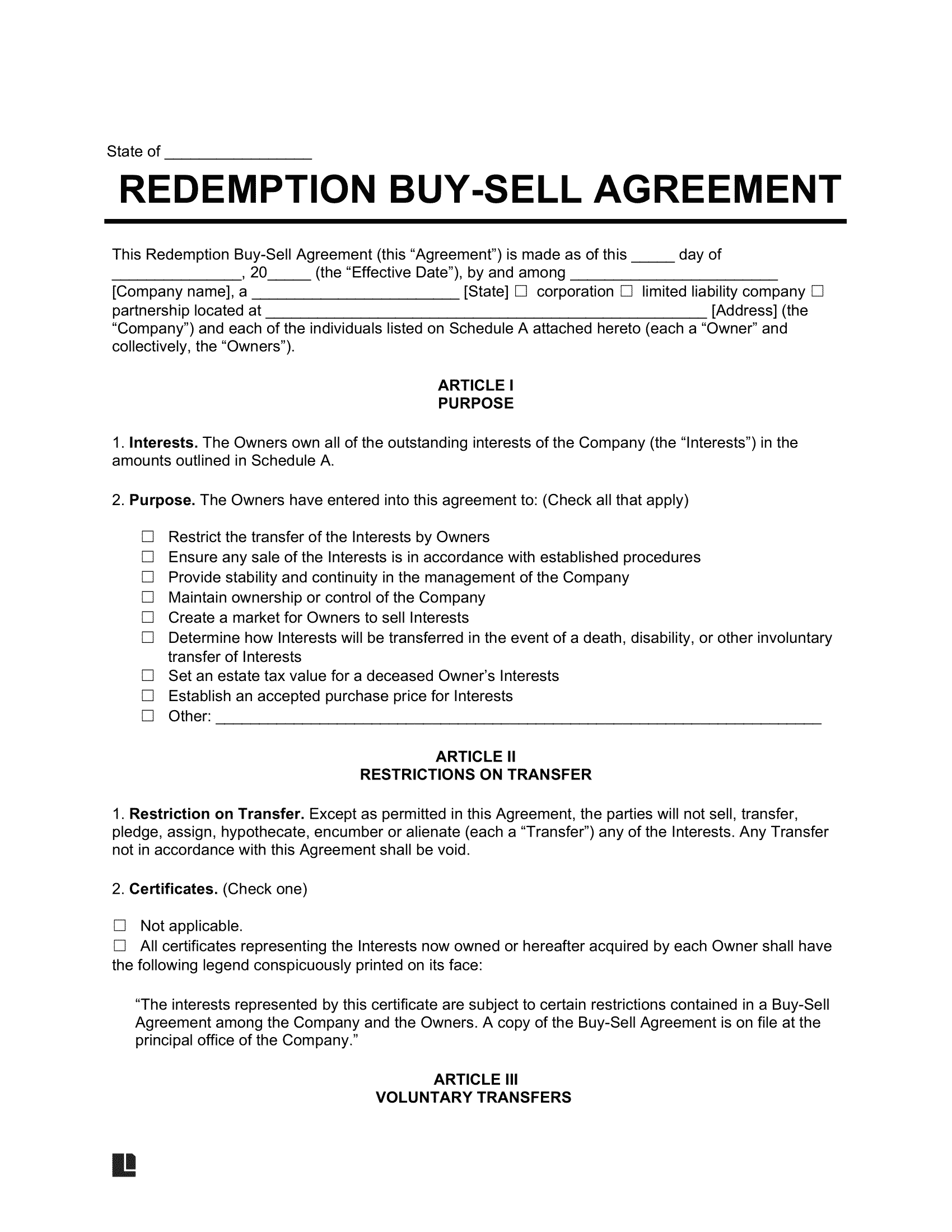 Redemption Buy-Sell Agreement