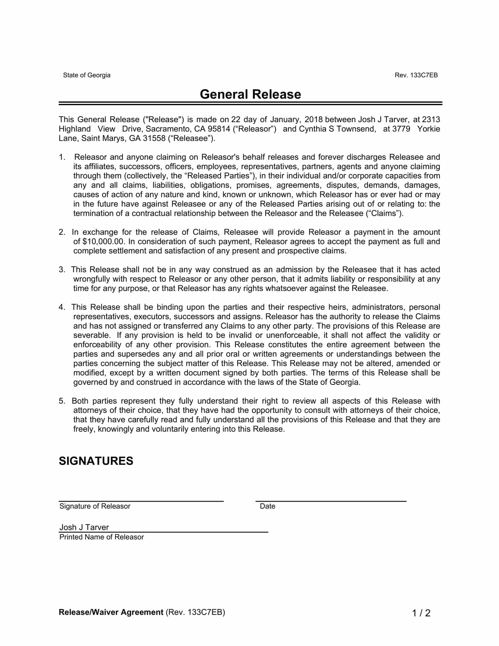 Release Waiver Agreement Template Sample 2023
