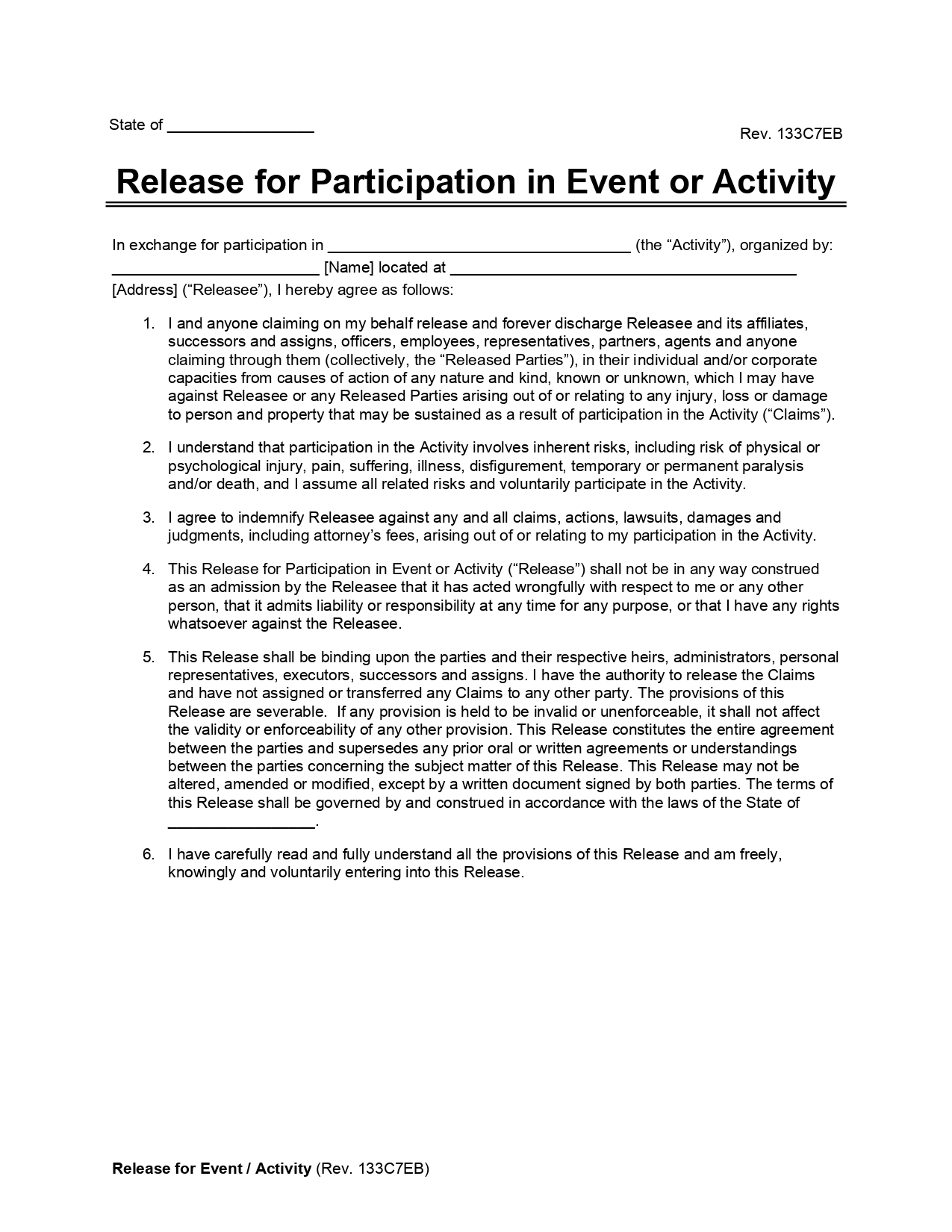 Release for Participation in Event or Activity Form