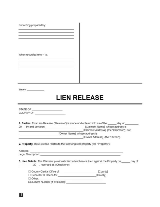 Release of Mechanic's Lien Form