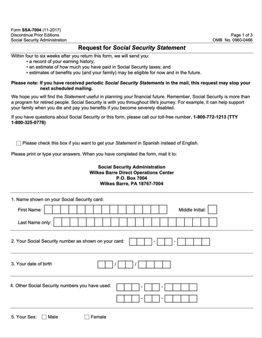 Request for Social Security Statement Screenshot