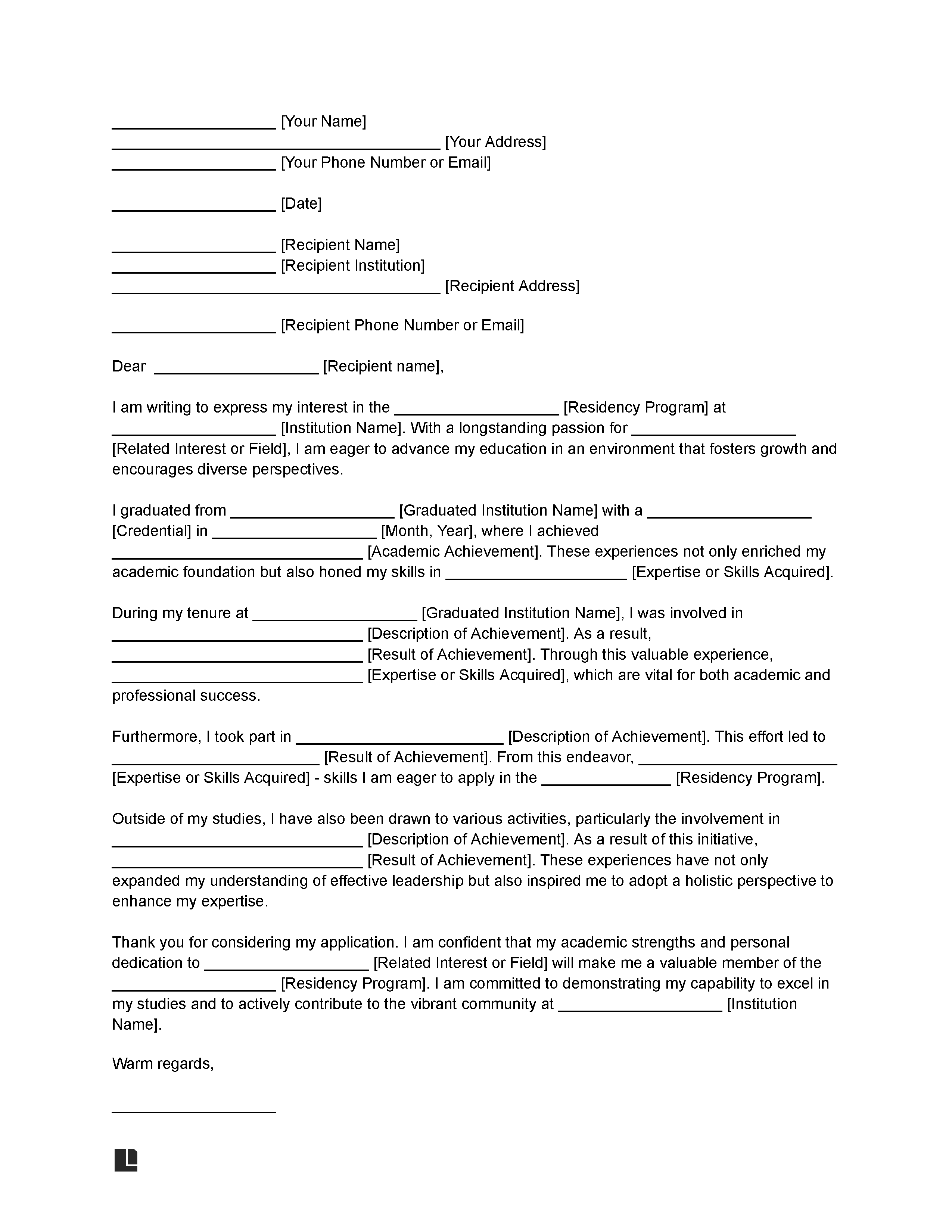 Residency Letter of Intent Template