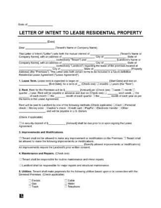Residential Lease Letter of Intent Template