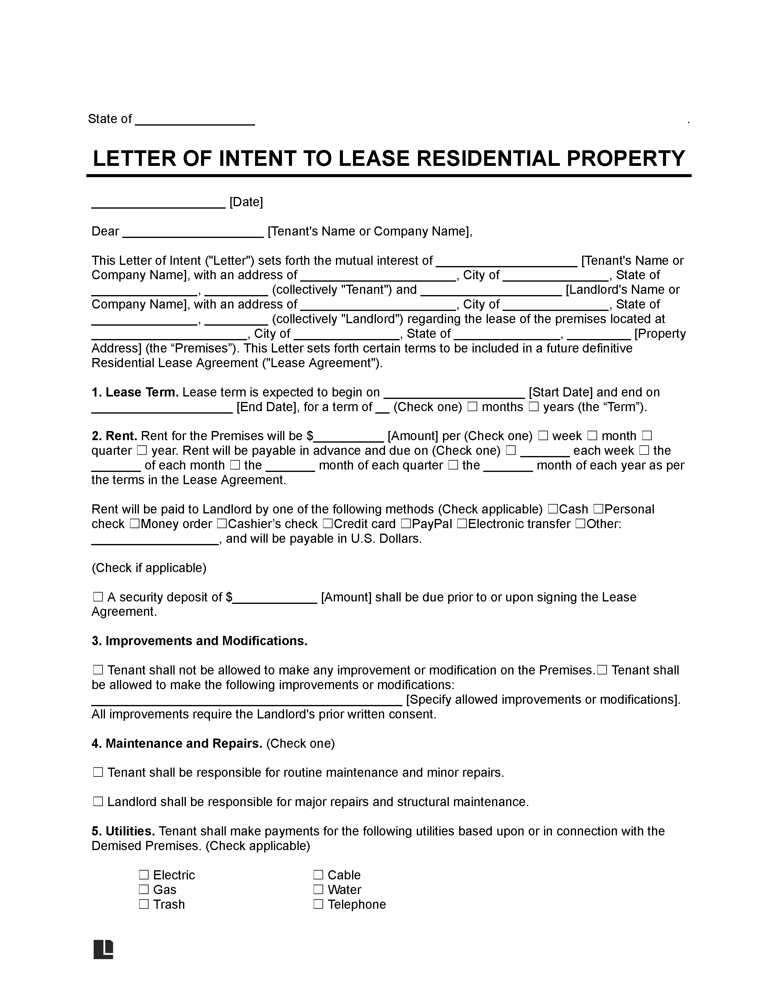 residential lease letter of intent template