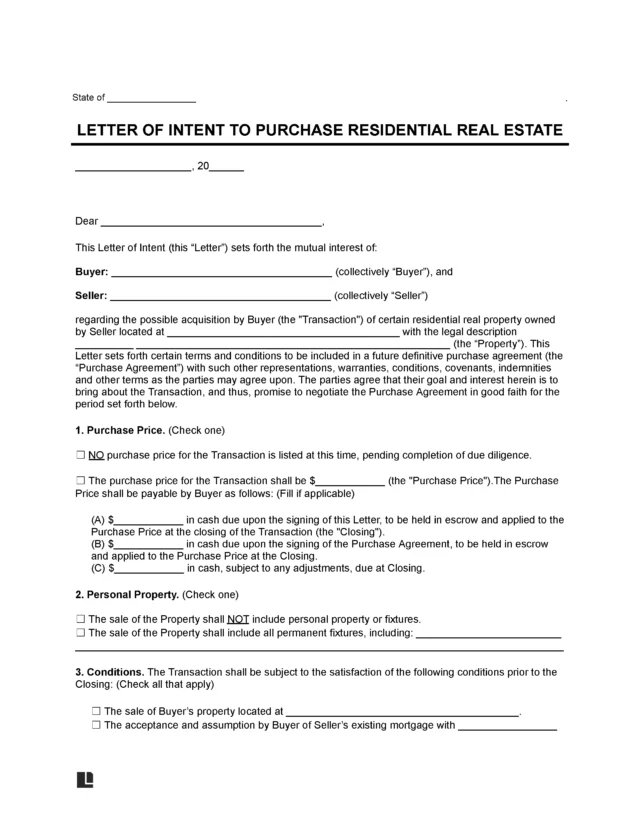 Residential Purchase Letter of Intent Template