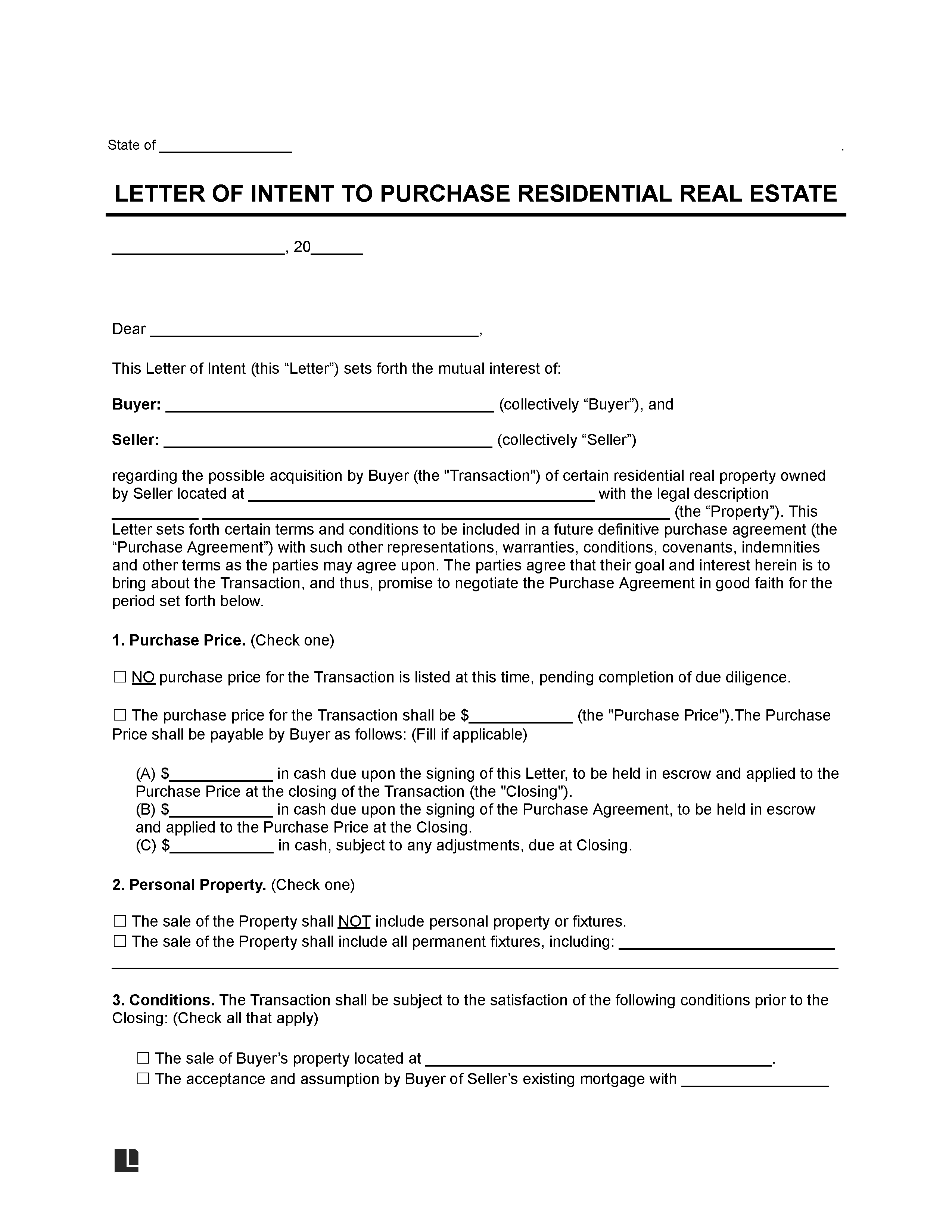 residential purchase letter of intent template