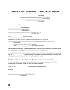 Resignation Letter Due to Health and Stress Template