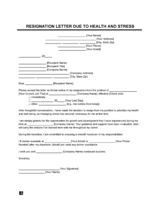 Resignation Letter Due to Health and Stress Template