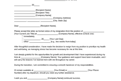Resignation Letter Due to Health and Stress Template