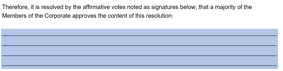 Where to include the content of the resolution in our corporate resolution template. 