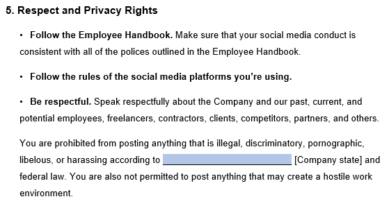 An example of where to include respect and privacy right details in our social media policy template.