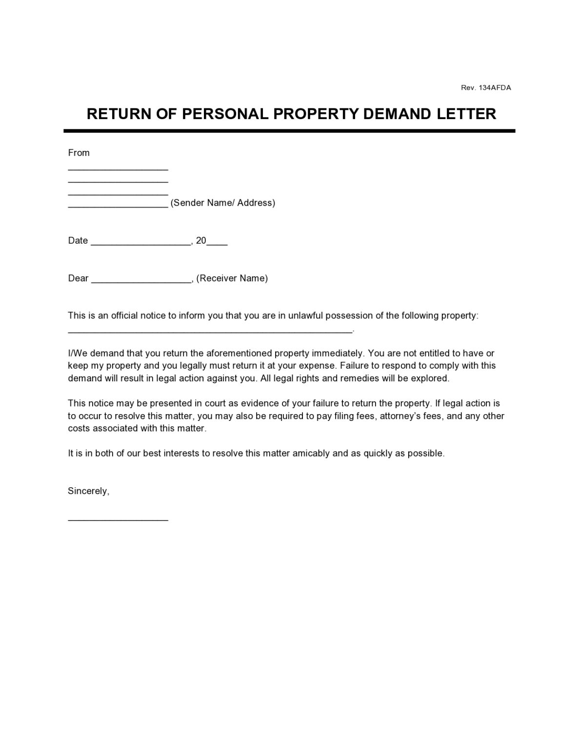 Personal Property Demand Letter | Legal Templates