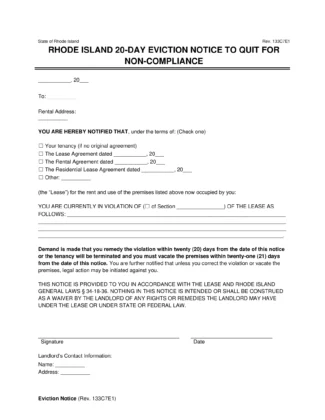 Rhode Island 20-Day Eviction Notice to Quit (Non-Compliance)