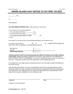 Rhode Island 5-Day Eviction Notice to Quit for Non-Payment of Rent
