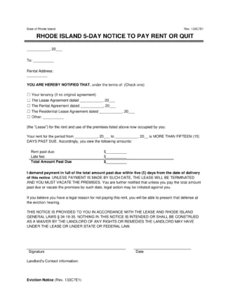 Rhode Island 5-Day Eviction Notice to Quit for Non-Payment of Rent