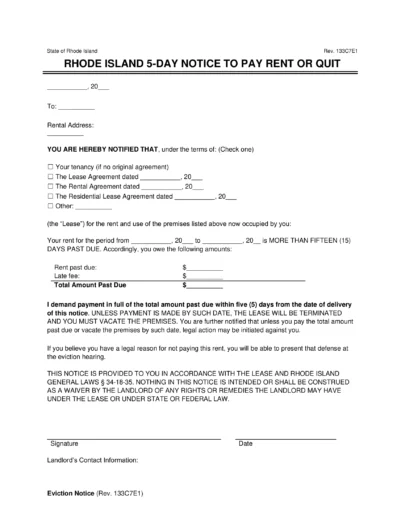 Rhode Island 5-Day Eviction Notice to Quit for Non-Payment of Rent
