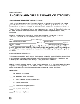 Rhode Island Durable Statutory Power of Attorney Form